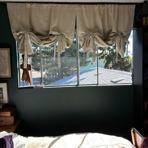 3 tie-up, beige, thick, blackout curtain. Sort of a Victorian vibe. 44” W x 63”L
